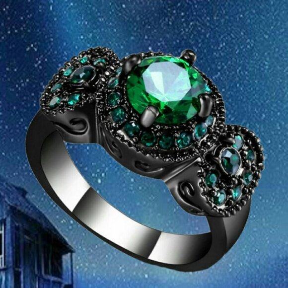 Round Cut Emerald Ring 18KT Black Gold Filled Size - Picture 4 of 5